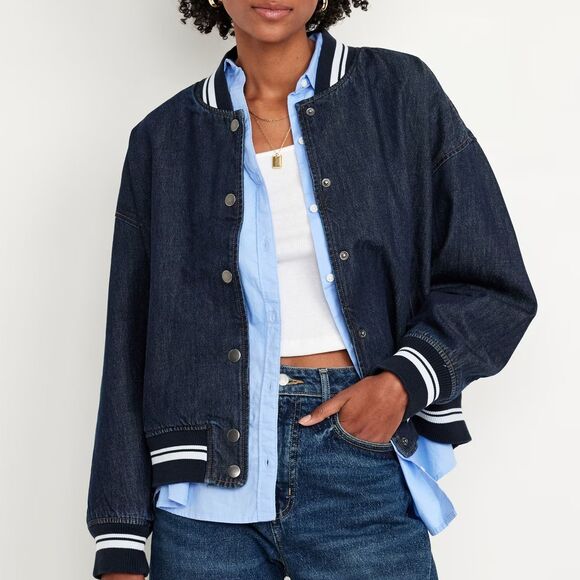 90s Oversized Denim Jean Bomber Jacket S 80s Retro Varsity Baseball Letterman - Picture 3 of 13